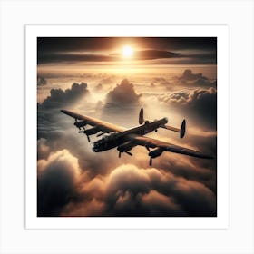 Lancaster Bomber flying through mist and clouds sun in background over dover 2/4 (ww2 World War 2 Pilot Flying Ace Sunset) Art Print