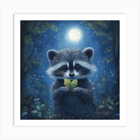 Curious Raccoon with Heart Leaf Backdrop Art Print