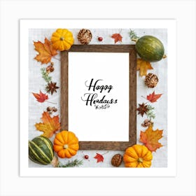 Calligraphy Tableau Featuring An Acorn Nestled Among Fall Leaves Hand Drawn Script Greeting Happy (3) Art Print