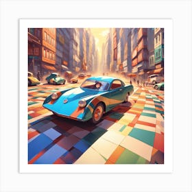 Blue Car In A City Art Print