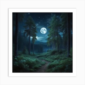  A nice forest in the night with moon Art Print