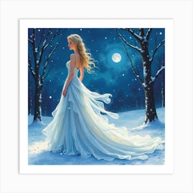 Enchanting Gown Watercolor, Amidst A Magical Winter Night 1 Art Print