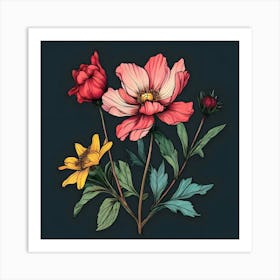 Flowers On A Black Background 7 Art Print