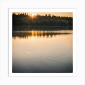 A Tranquil Lake At Sunset With The Sun Low On The Horizon Casting Golden Light Across The Water And 839913669(4) Art Print