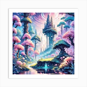 A Fantasy Forest With Twinkling Stars In Pastel Tone Square Composition 105 Art Print