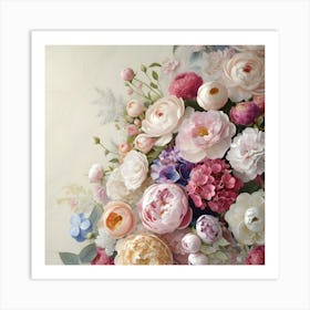 A Breathtakingly Detailed, Ultra High Resolution Illustration Of Exquisite Flowers As Wallpaper Art, Set Against A Soft, Creamy White Background, With Delicate Petals And Intricate Patterns Bursting With Vibrant Colors, Showcasing Art Print