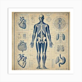 Anatomical Blueprint Printed Art A Vintage Inspired Blueprint Of The Human Body, Perfect For Adding A Professional And Educational Touch To Any Medical Space Printed Art Art Print