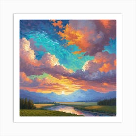 A Landscape Painting With , sun rase pic cell art print 3 Art Print