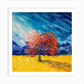 Red tree in a yellow field Art Print