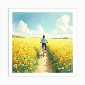 Bicycle Through A Sun Drenched Field Of Flowers Watercolor 1 Art Print