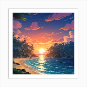 Serene Sunset Over A Secluded Beach With Lush Forest and Radiant Sky Art Print