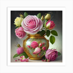 Antique fuchsia jar filled with purple roses, willow and camellia flowers 2 Art Print