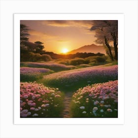 Sunset In A Flower Field Art Print