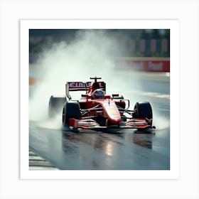 Formula Car Racing On A Wet Track, Water Spraying In Dramatic Fashion 1 Art Print