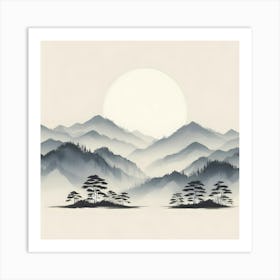 Asian Landscape Painting Sunset Sunrise Sun Art Print