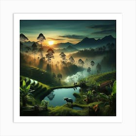 Sunrise In The Rice Fields Art Print