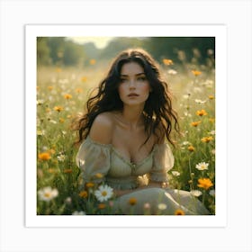 Beautiful Woman In A Field Of Daisies Art Print