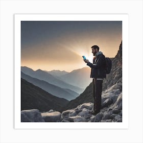 Man Using Smartphone In The Mountains Art Print