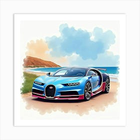 Bugatti Chiron On A Colorful Watercolor Coastal Backdrop 1 Art Print