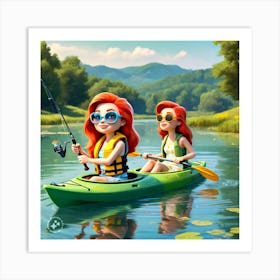 Two Girls Fishing In A Kayak Art Print