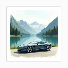 Modern Car By A Scenic Mountain Lake, Watercolor Painting 1 Art Print