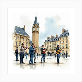 Watercolor Of Parisian Street Musicians Playing In Front Of Historic Buildings 1 Art Print