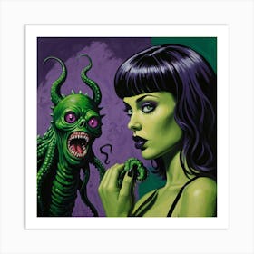 Cthulhu Skull Head with Cute Goth Girl Art Print