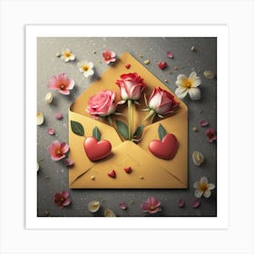 An open red and yellow letter envelope with flowers inside and little hearts outside 18 Art Print