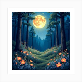 Celestial Moonlit Forest With Glowing Flowers, Watercolor 1 Art Print