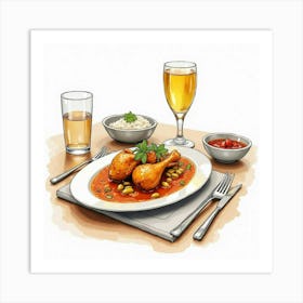 Watercolor Sketch Of A Savory And Flavorful Chicken Curry On A Stylish Restaurant Table Art Print