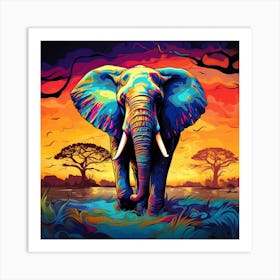 Elephant In The Sunset Art Print