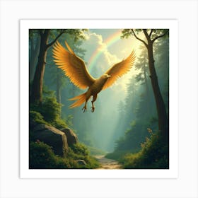 A Golden Griffin Flying Over A Lush, Enchanted Forest Under A Rainbow 1 Art Print