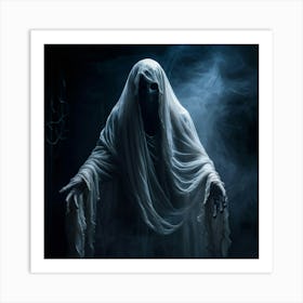 Ghostly Figure Draped In A Shroud Like Veil Hands Reaching Out As If For Help Eyes Wide With Blind (4) Art Print