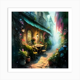 Quiet and attractive dining nook, overgrown flowers, high quality, detailed, highly 3D, elegant carved cart, 22 Art Print