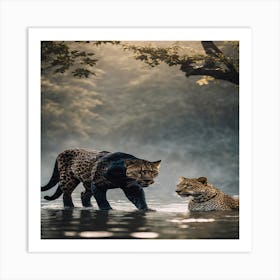 Two Leopards In The Water Art Print