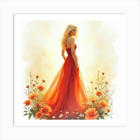 Lady Gaga Watercolor, In A Flowing Gown, Framed By Golden Light And Flowers 1 Art Print