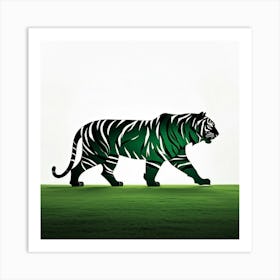 Royal Bengal Tiger Rendered In A Minimalist Silhouette Cutting Through Vibrant Green Grass Against Art Print