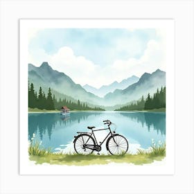 Elegant Bike By A Tranquil Lake With Mountains Watercolor Scene 1 Art Print