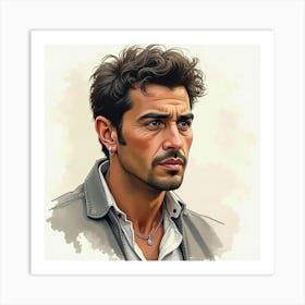 Spanish Man With A Contemplative Look, Watercolor With Soft Shading 1 Art Print