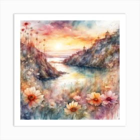 Sunset With Flowers Art Print