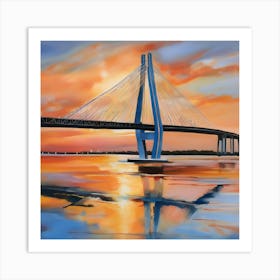 Sunset over the Arthur Ravenel Jr. Bridge in Charleston. Blue water and sunset reflections on the water. Oil colors.12 Art Print