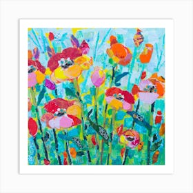 Colorful Poppies In Bloom With Butterflies Square Art Print