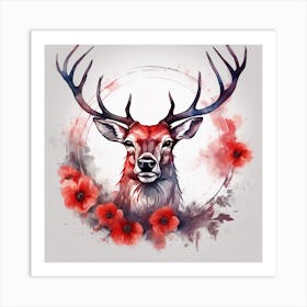 Deer With Red Poppy Flowers Art Print