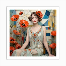 Delicate, fairytale-inspired portrait, intricate details of the Great Gatsby era, a lady in a cascading gown adorned with cascading poppies, vibrant colors, enchanting eyes Art Print