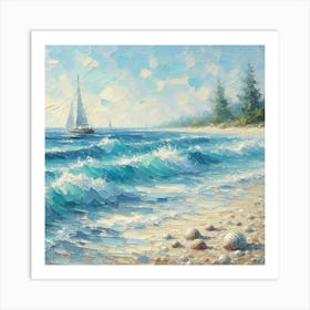 Sailing Boat On The Beach, Acrylic Painting Style 2 Art Print