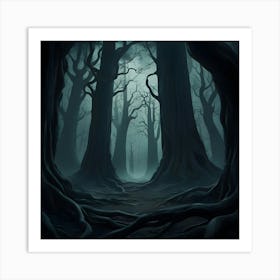 An Image Of A Deep, Dark Forest With Ancient, Towering Trees Art Print