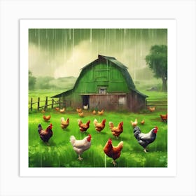 Chickens In The Rain Art Print