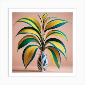 Vibrant Foliage Stylized Plant In Patterned Vase (2) Art Print