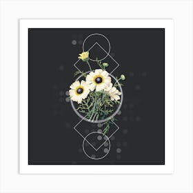 Vintage Chrysanthemum Botanical with Geometric Line Motif and Dot Pattern n.0380 Art Print