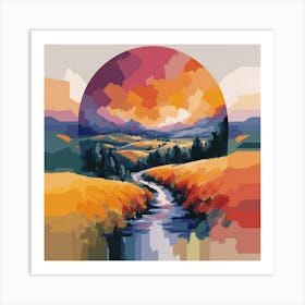 The wide, multi-colored array has circular shapes that create a picturesque landscape 12 Art Print